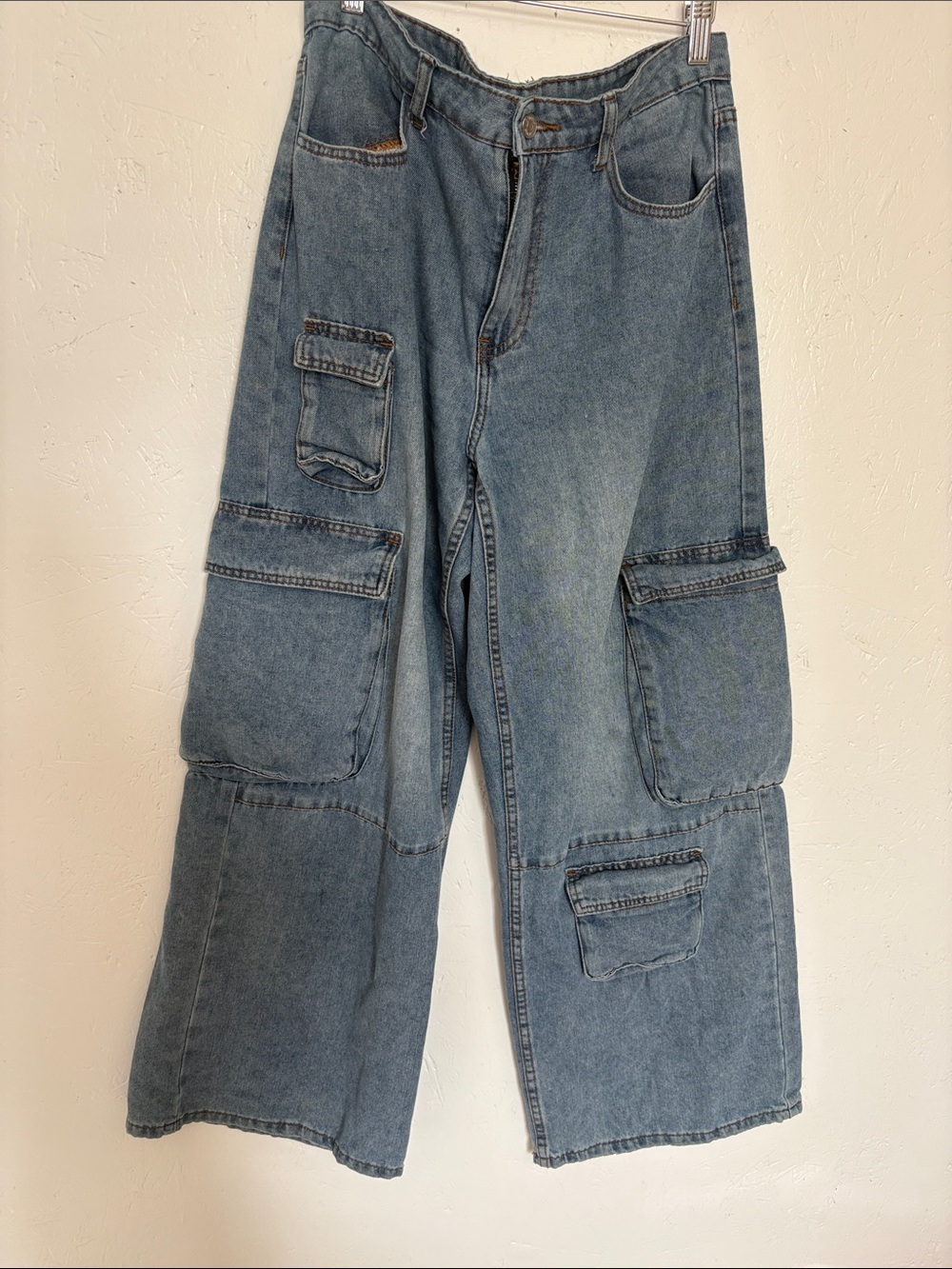 Wide Leg Cargo Jeans in Light Blue - Women’s Flare Utility Style